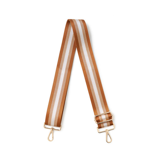 Striped bag strap with brown and white stripes on a white background