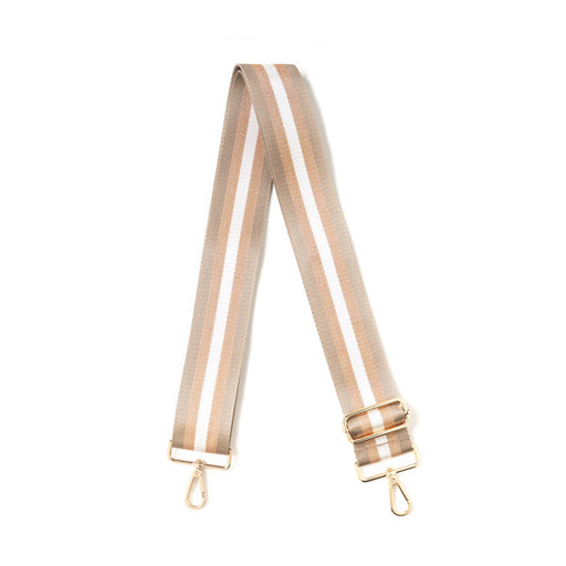 Beige and white striped bag strap with gold hardware on a white background