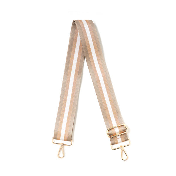 Beige and white striped bag strap with gold hardware on a white background