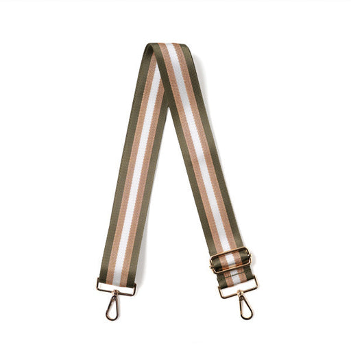 Striped bag strap with metal hooks on a white background