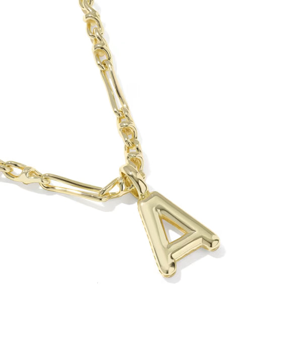 Gold necklace with a letter 'A' pendant on a white background
