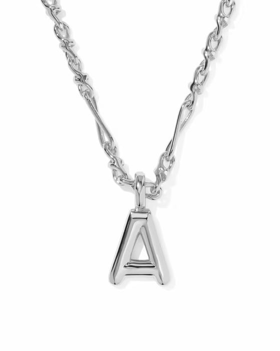 A silver initial necklace featuring a polished capital letter 'A' pendant on a twisted cable chain, shown against a plain white background.