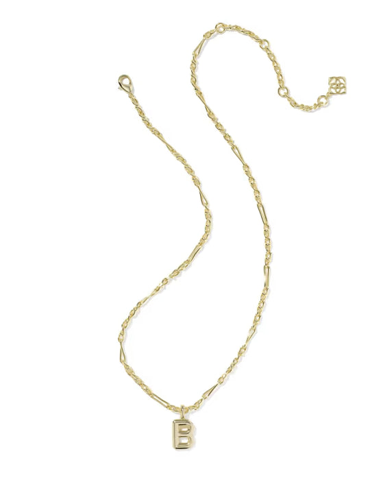 A delicate gold chain necklace featuring a small, polished gold initial 'B' pendant, displayed on a clean white background.