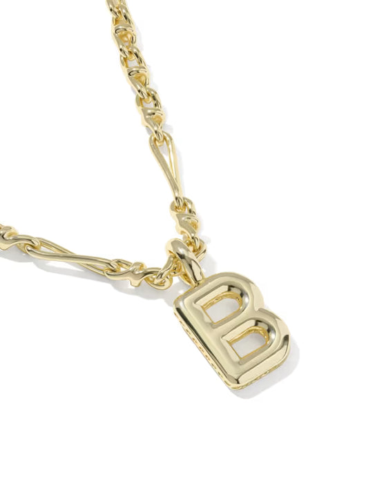 Gold necklace with a 'B' pendant on a white background