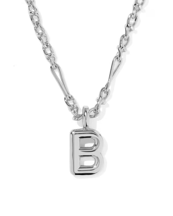 A polished silver-tone initial necklace featuring a block-style letter 'B' pendant on a matching chain, shown against a plain white background.