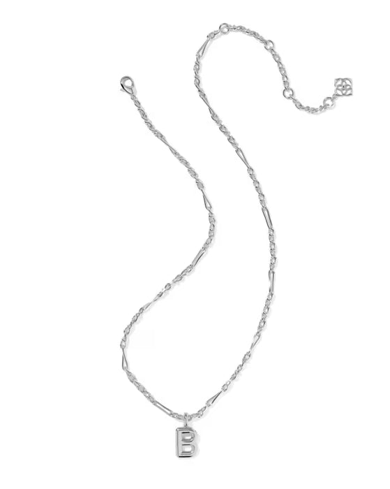 A silver chain necklace featuring a small, polished capital letter 'B' pendant, displayed on a clean white background.