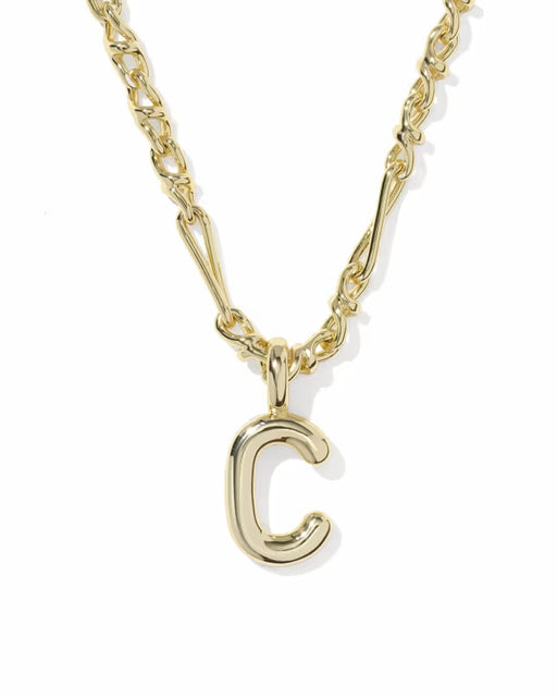 A gold initial necklace featuring a polished lowercase-style letter 'c' pendant on a matching chain, shown against a plain white background.