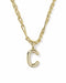 A gold initial necklace featuring a polished lowercase-style letter 'c' pendant on a matching chain, shown against a plain white background.