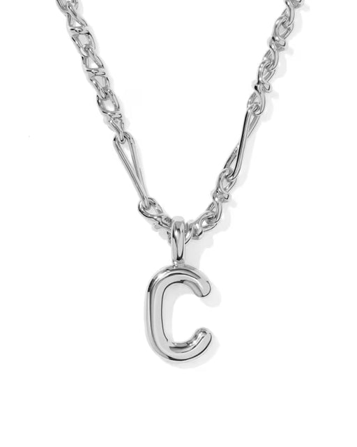 A silver initial necklace featuring a polished lowercase-style letter 'c' pendant on a matching chain, shown against a plain white background.