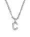 A silver initial necklace featuring a polished lowercase-style letter 'c' pendant on a matching chain, shown against a plain white background.