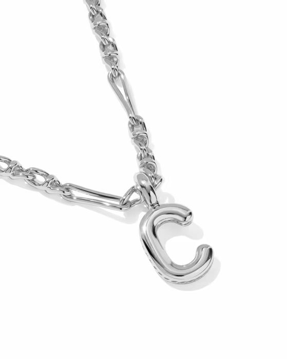 A polished silver-tone metal necklace featuring a thick curb chain and a stylized, open letter 'C' pendant, shown on a clean white background.