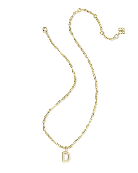 Gold necklace with a 'D' pendant on a white background
