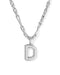 A silver-toned initial necklace featuring a polished, open capital letter 'D' pendant on a matching chain, set against a clean white background.