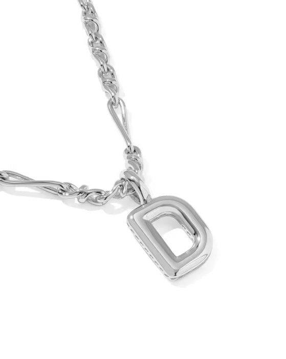 A silver-toned metal necklace featuring a thick, polished chain and a large openwork letter 'D' pendant, shown on a clean white background.