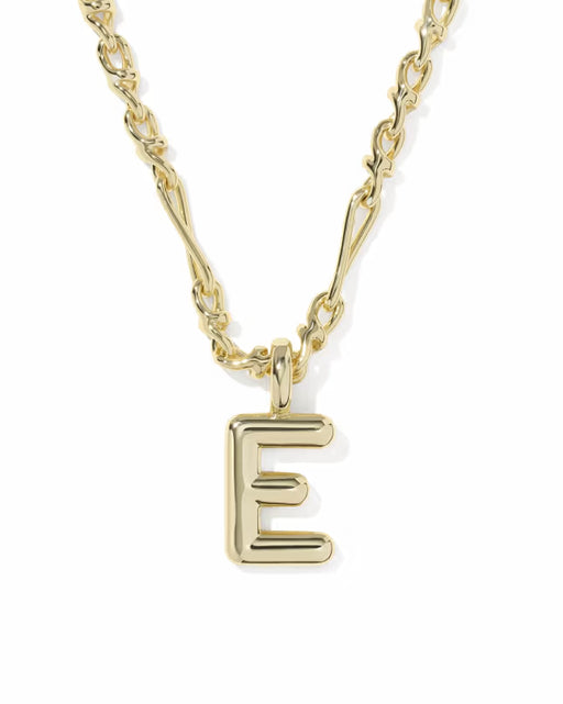 A gold initial necklace featuring a polished letter 'E' pendant on a twisted link chain, shown against a plain white background.
