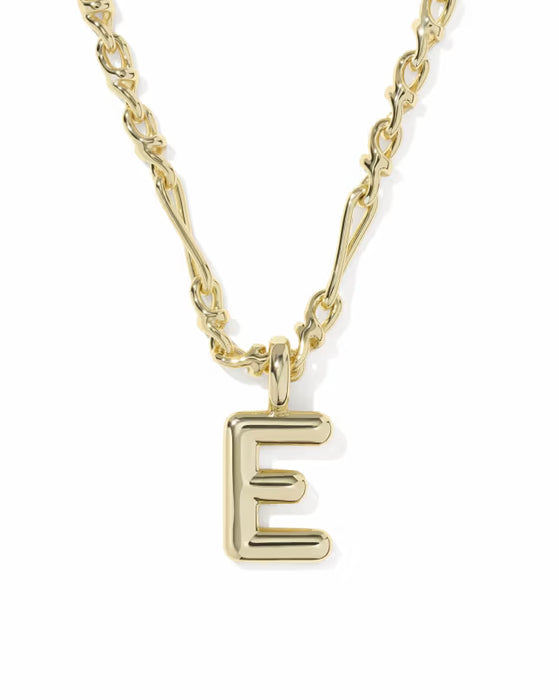 A gold initial necklace featuring a polished letter 'E' pendant on a twisted link chain, shown against a plain white background.