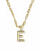 A gold initial necklace featuring a polished letter 'E' pendant on a twisted link chain, shown against a plain white background.