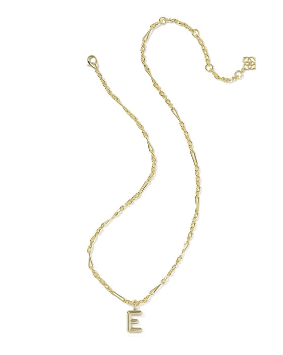 A delicate gold chain necklace featuring a small, polished gold initial pendant 'E' at the bottom center, displayed on a clean white background.
