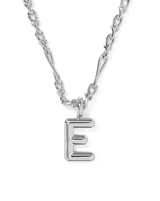 A silver initial necklace featuring a polished capital letter 'E' pendant on a matching silver chain, shown against a plain white background.