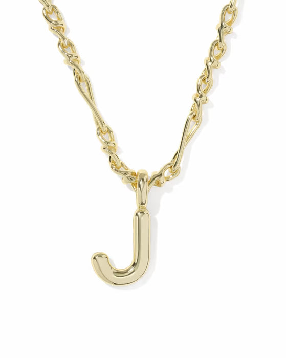 A gold initial necklace featuring a polished lowercase letter 'j' pendant on a twisted rope chain, shown against a plain white background.