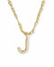 A gold initial necklace featuring a polished lowercase letter 'j' pendant on a twisted rope chain, shown against a plain white background.
