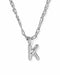 A silver initial necklace featuring a polished letter 'K' pendant on a silver link chain, shown against a plain white background.