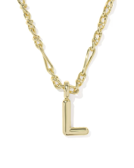 Gold necklace with a letter 'L' pendant on a white background