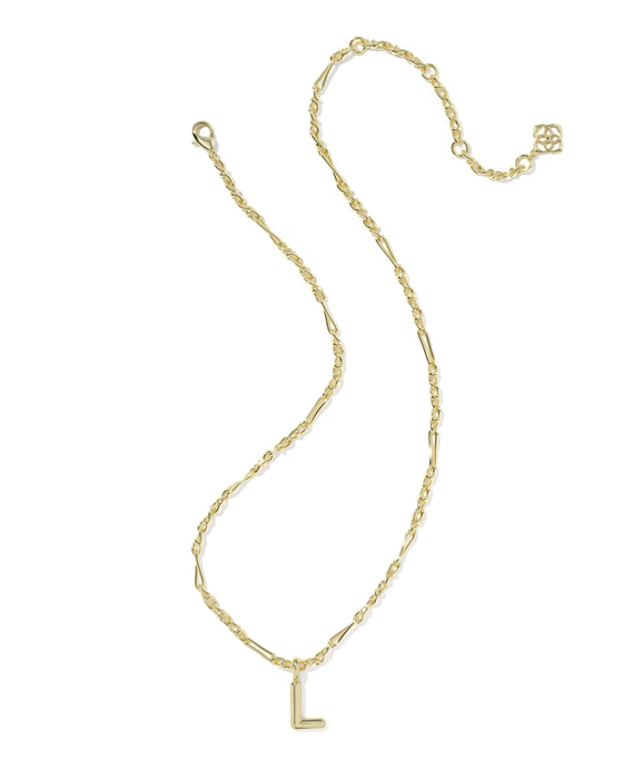 Gold necklace with a 'S' pendant on a white background