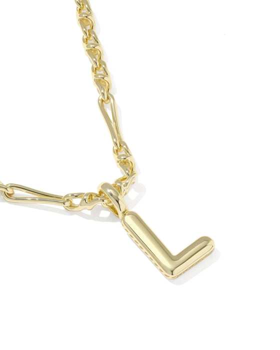 Gold necklace with a 'V' pendant on a white background
