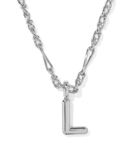 A silver initial necklace featuring a polished, blocky letter 'L' pendant suspended from a multi-strand silver chain, shown against a plain white background.