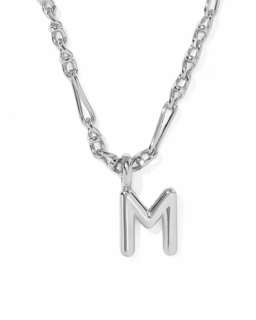 A silver-tone initial necklace featuring a polished letter 'M' pendant on a multi-link chain, shown against a plain white background.