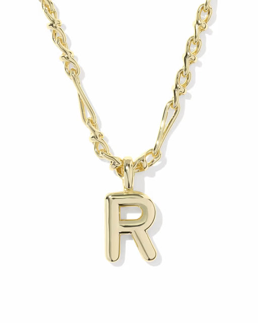 A gold initial necklace featuring a polished letter 'R' pendant on a twisted link chain, shown against a plain white background.