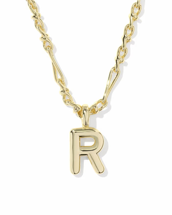 A gold initial necklace featuring a polished letter 'R' pendant on a twisted link chain, shown against a plain white background.