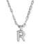 A silver initial necklace featuring a polished capital letter 'R' pendant on a silver link chain, shown against a plain white background.