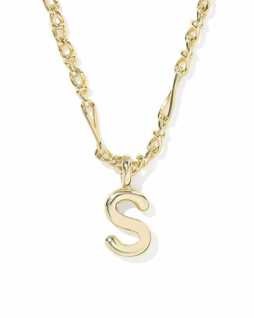 A gold initial necklace featuring a polished cursive letter 'S' pendant on a matching chain, shown against a plain white background.