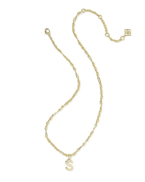 Gold necklace with a 'S' pendant on a white background
