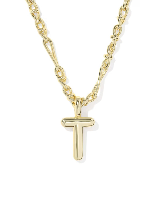 A gold initial necklace featuring a polished, lowercase-style letter 't' pendant suspended from a multi-link chain with alternating oval and elongated links, shown on a clean white background.