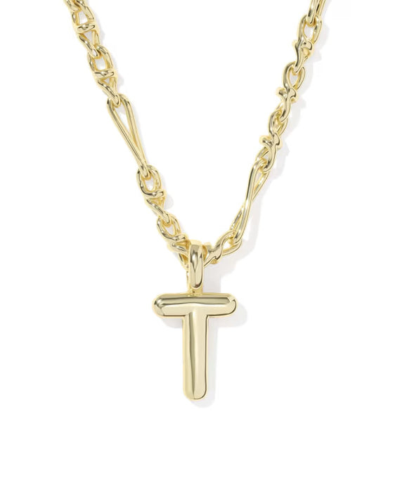 A gold initial necklace featuring a polished, lowercase-style letter 't' pendant suspended from a multi-link chain with alternating oval and elongated links, shown on a clean white background.