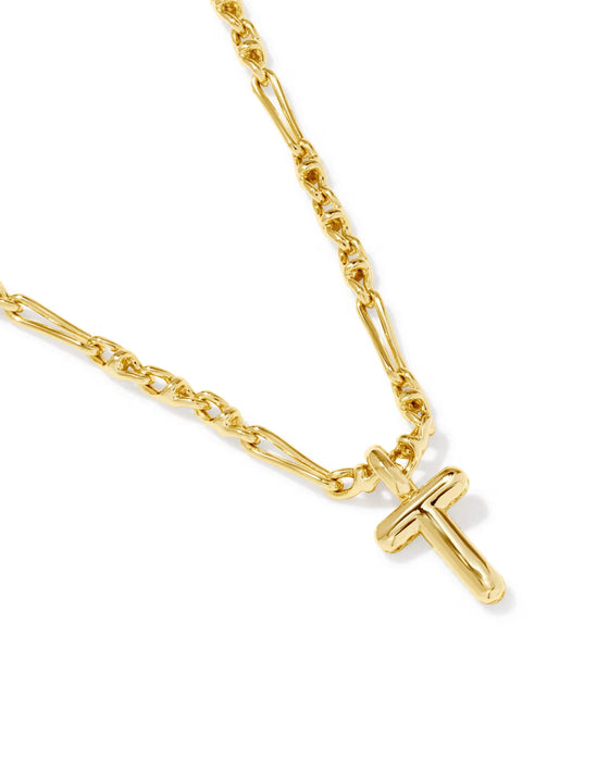 A gold chain necklace featuring a polished gold cross pendant, displayed on a clean white background.