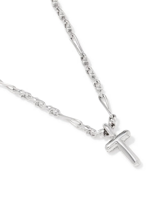 A silver-toned chain necklace featuring a small cross pendant, displayed on a clean white background.