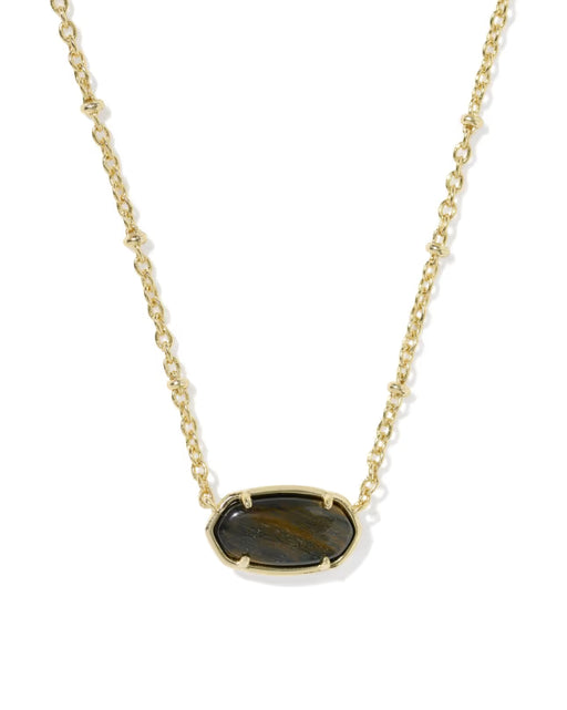 A gold chain necklace featuring an oval-shaped dark brown and black tiger's eye stone pendant, set in a gold bezel, shown against a plain white background.