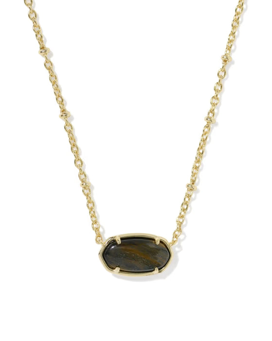 A gold chain necklace featuring an oval-shaped dark brown and black tiger's eye stone pendant, set in a gold bezel, shown against a plain white background.