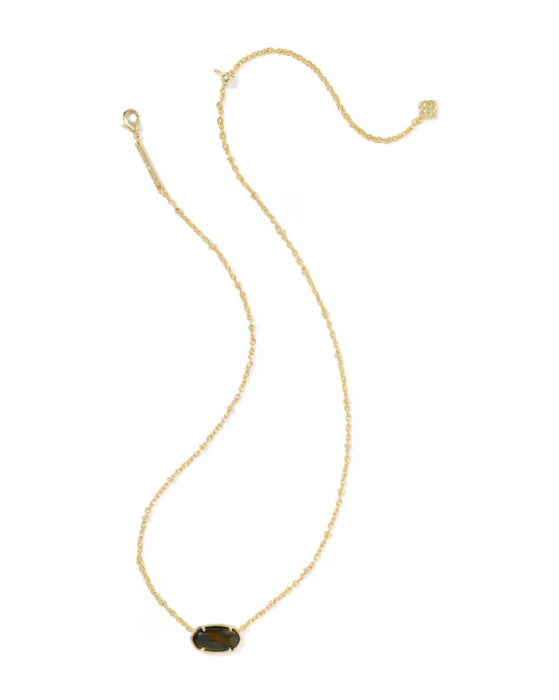 A delicate gold chain necklace featuring a small, dark oval stone pendant, displayed on a clean white background.
