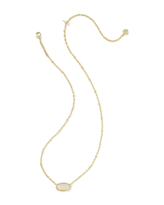 A delicate gold chain necklace featuring a small, oval bezel-set white stone pendant, displayed on a clean white background.