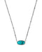 A silver-toned beaded chain necklace with an oval turquoise cabochon pendant, shown against a plain white background.