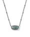 A silver-toned chain necklace featuring an oval pendant with a textured, leaf-like pattern filled with turquoise green inlay, shown against a plain white background.