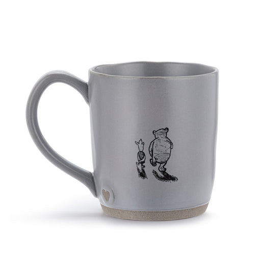Gray mug with illustrations of a bear and a pig on a white background