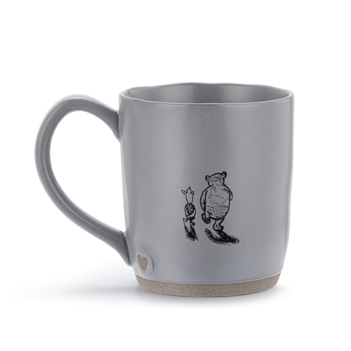 Gray mug with illustrations of a bear and a pig on a white background