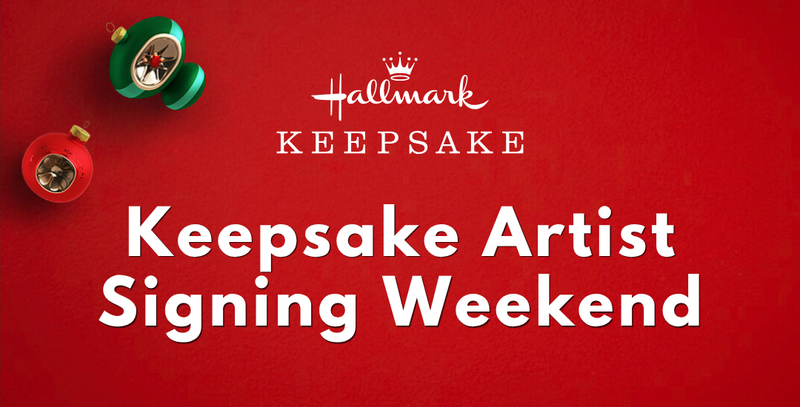 Advertisement for Hallmark Keepsake Artist Signing Weekend on a red background with Christmas ornaments.