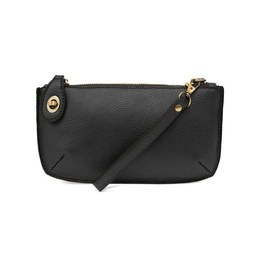 Black leather crossbody bag with gold zipper pulls on a white background